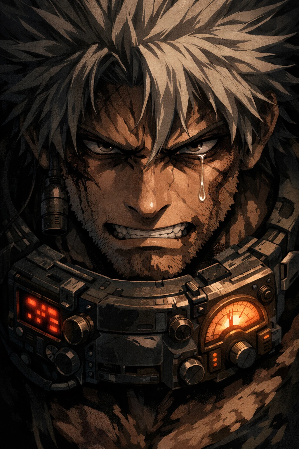 A close up of Gigantomachia My Hero Academia wearing his master's radio receiver.