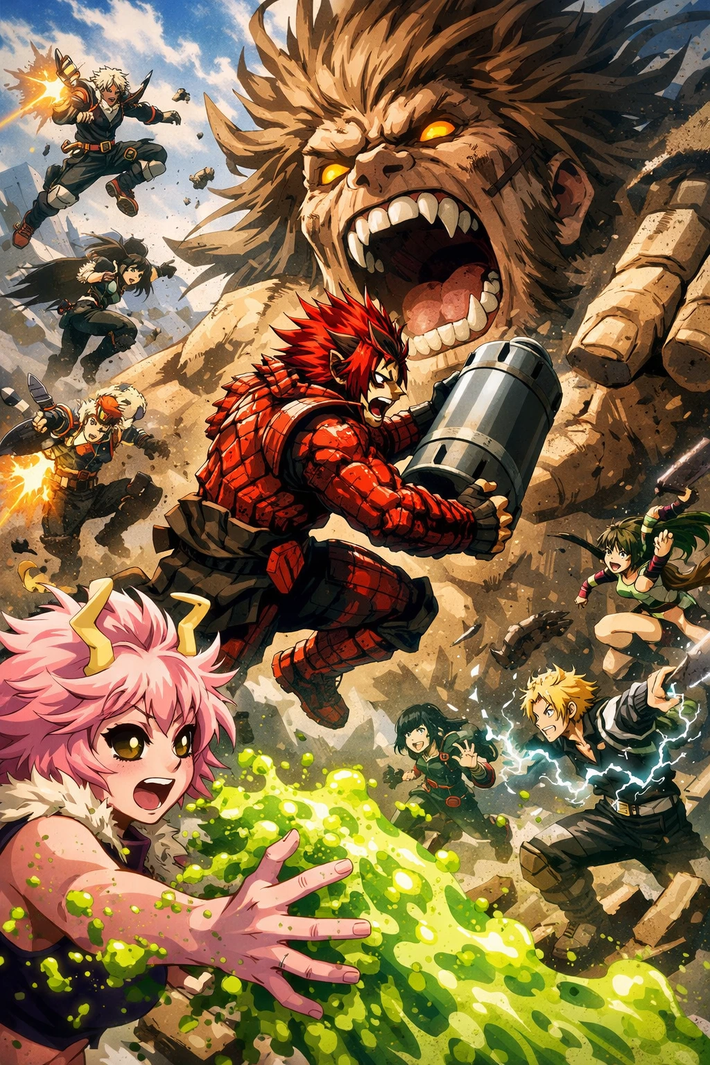 Class 1-A students desperately fighting Gigantomachia My Hero Academia with an improvised trap.