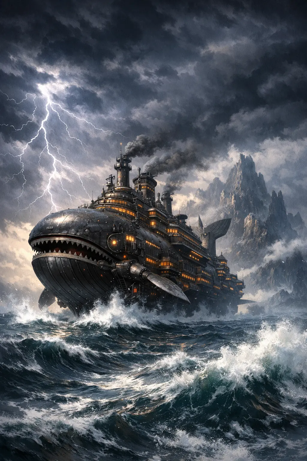 The massive Black Whale ship journeying into the deadly Dark Continent Lore.