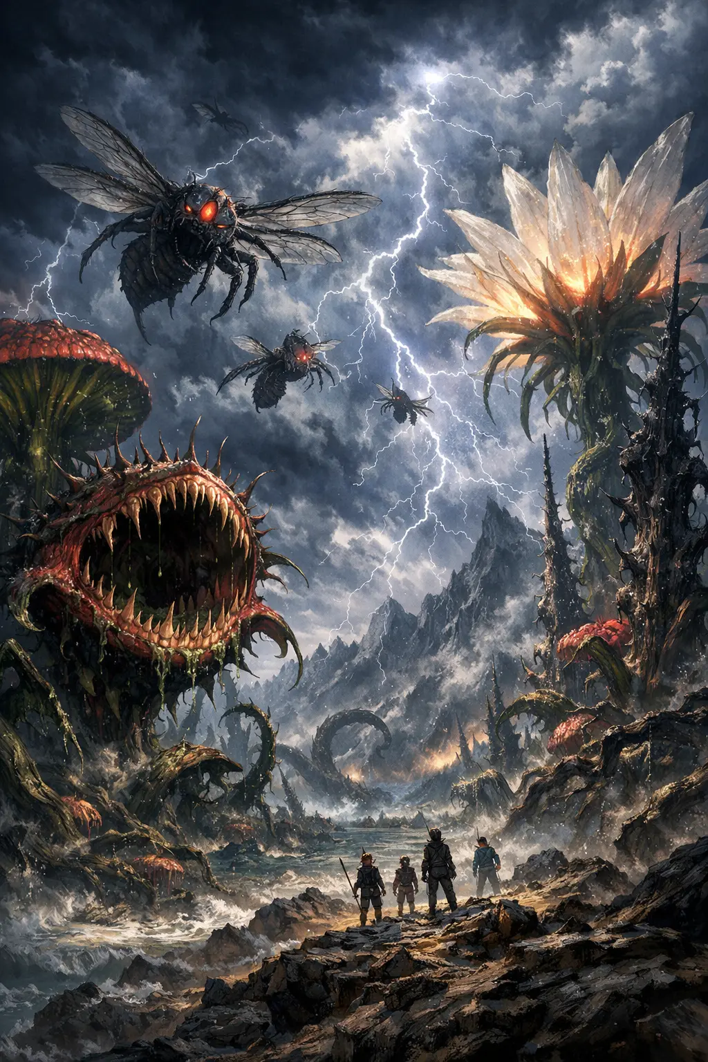 Giant flora and fauna demonstrating the dangerous Dark Continent Lore ecosystem.