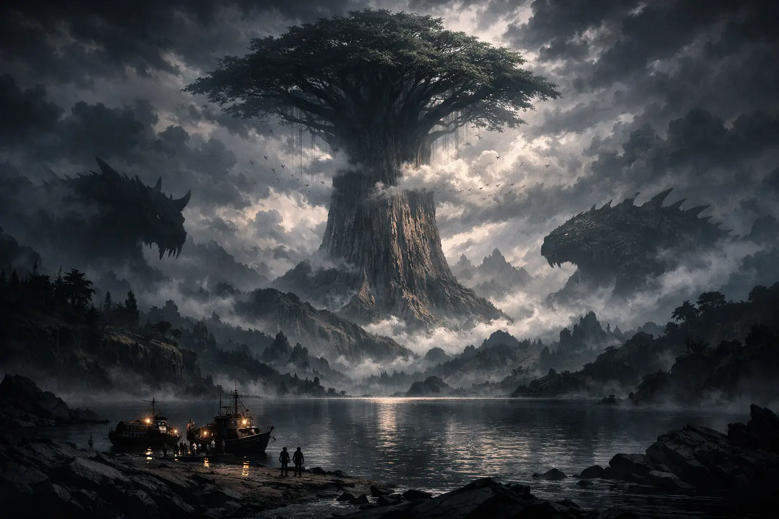 Epic visualization of the Dark Continent Lore in Hunter x Hunter showing the massive world tree and untamed wilderness.