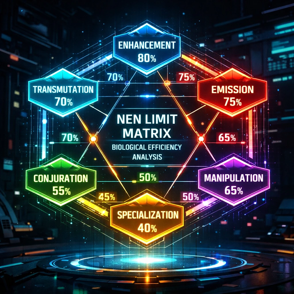 The efficiency hexagon matrix determining the biological limits of Nen Types and Aura Nodes.