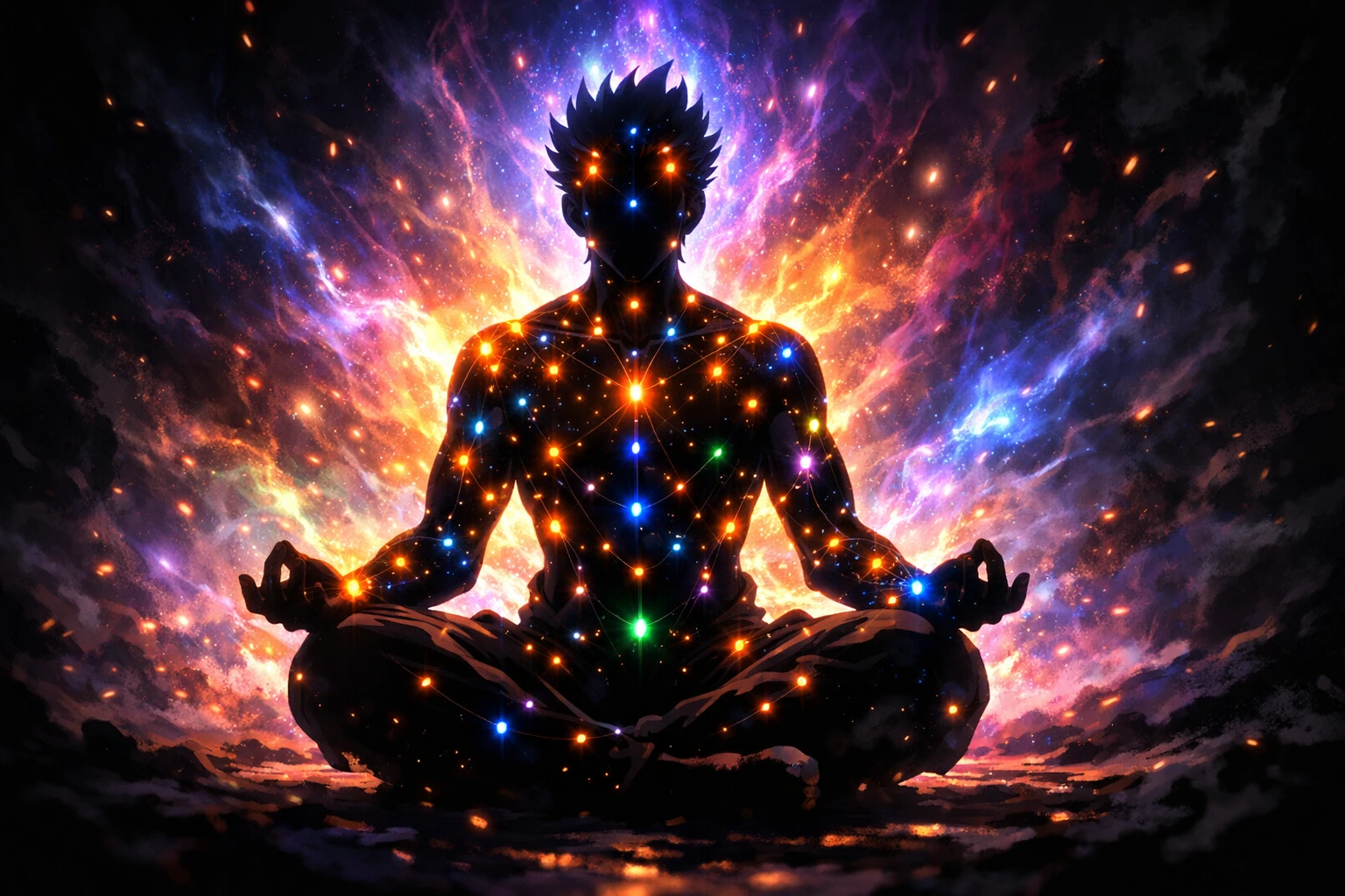 A glowing silhouette displaying mastery over Nen Types and Aura Nodes radiating life energy.