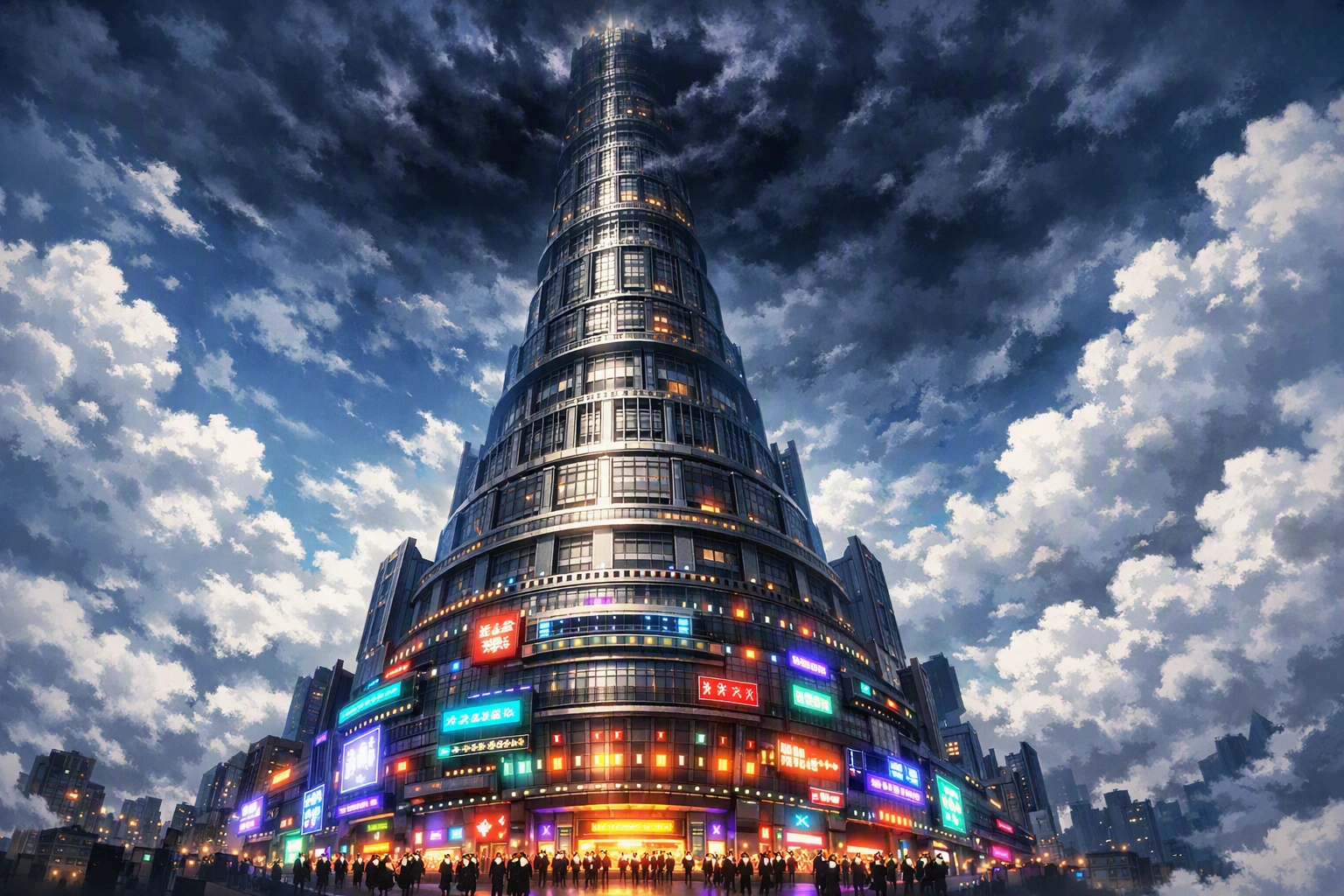 A towering view of the Heavens Arena building from Hunter x Hunter, reaching into the clouds.