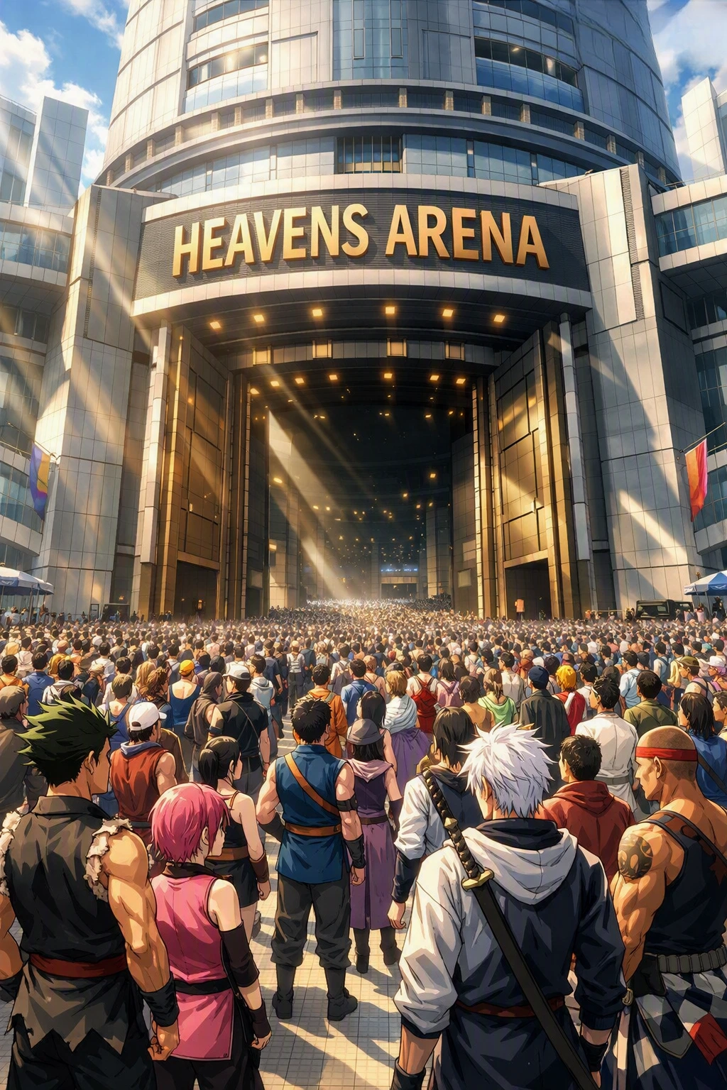Thousands of challengers gathering at the massive entrance of Heavens Arena.