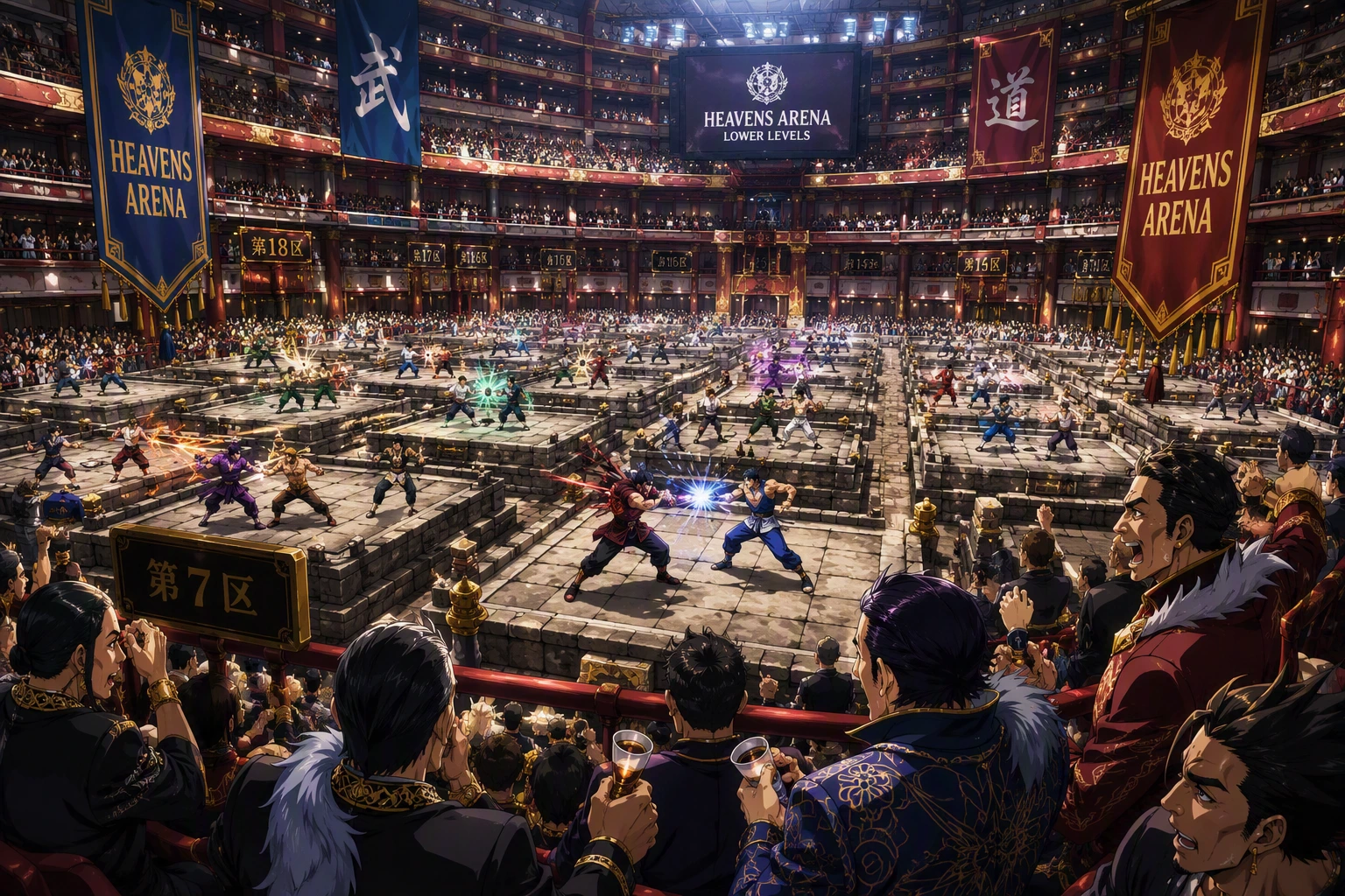 The chaotic, multi-ring fighting layout on the lower floors of Heavens Arena.