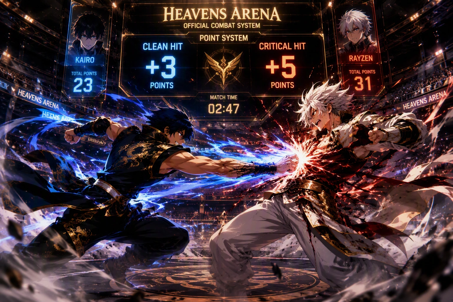 A fierce supernatural martial arts battle displaying the strict point system of Heavens Arena.