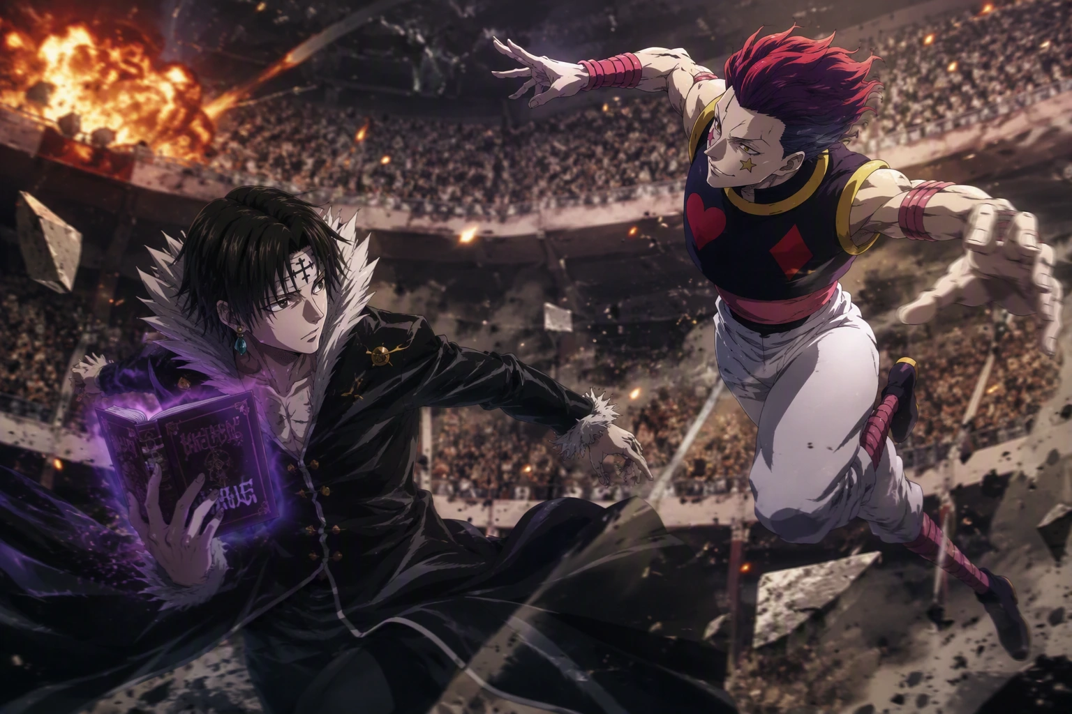 The legendary, explosive deathmatch between Chrollo and Hisoka inside Heavens Arena.