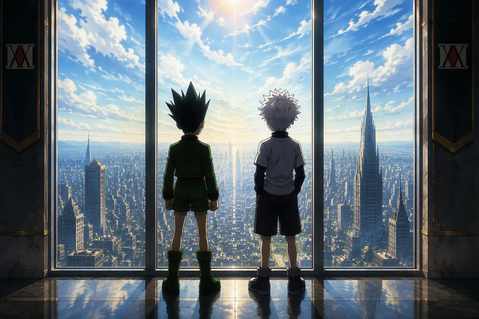Gon and Killua looking out from a Heavens Arena window, ready to face the Hunter x Hunter world.