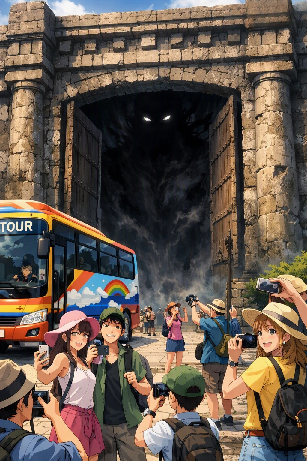 Tourists taking photos at the deceptive front gates of the Zoldyck Family.